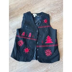 Talbots Holiday Vest XL Black Wool Blend Red Snowflake Tree Embroidered Vintage